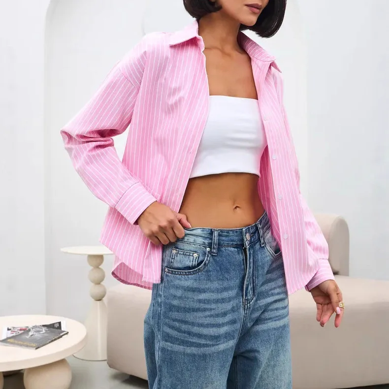 

Women Striped Shirts Female Long Sleeve Turn-down Collar Blouses Office Lady Loose Button Up Tops Spring Summer Elegant Shirts
