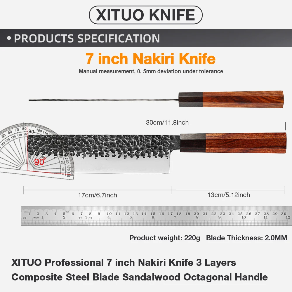 7 Inch Nakiri Knife, High Carbon Stainless Steel Japanese Chef Knife, Meat Vegetable Sharp Kitchen Knife with Octagonal Handle