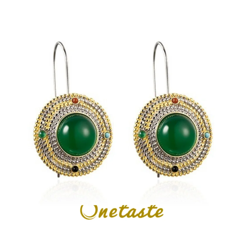 

925 Sterling Silver Gold Plated Green Agate Dangle Earrings For Women Luxury Vintage Exaggerated Round Earrings 2023 New Gift