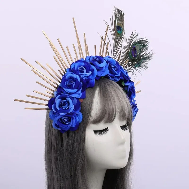 2024 New Gold Spike Halo Crown Peacock Feathers Headpiece  Wedding Bride Hair Band Tiara