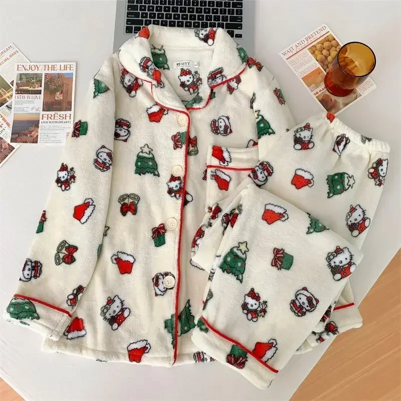 

Christmas Sanrio Hello Kitty Pajamas Women Autumn and Winter Kawaii Pajamas Cute Girly Heart Cardigan Home Wear Christmas Gift