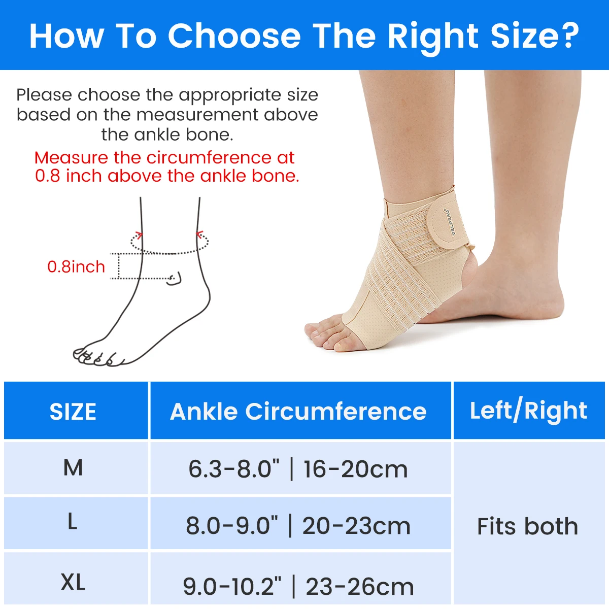 VELPEAU Ankle Compression Sleeve for Achilles Tendinitis and Plantar Fasciitis, Adjustable Ankle Support Universal for Both Feet
