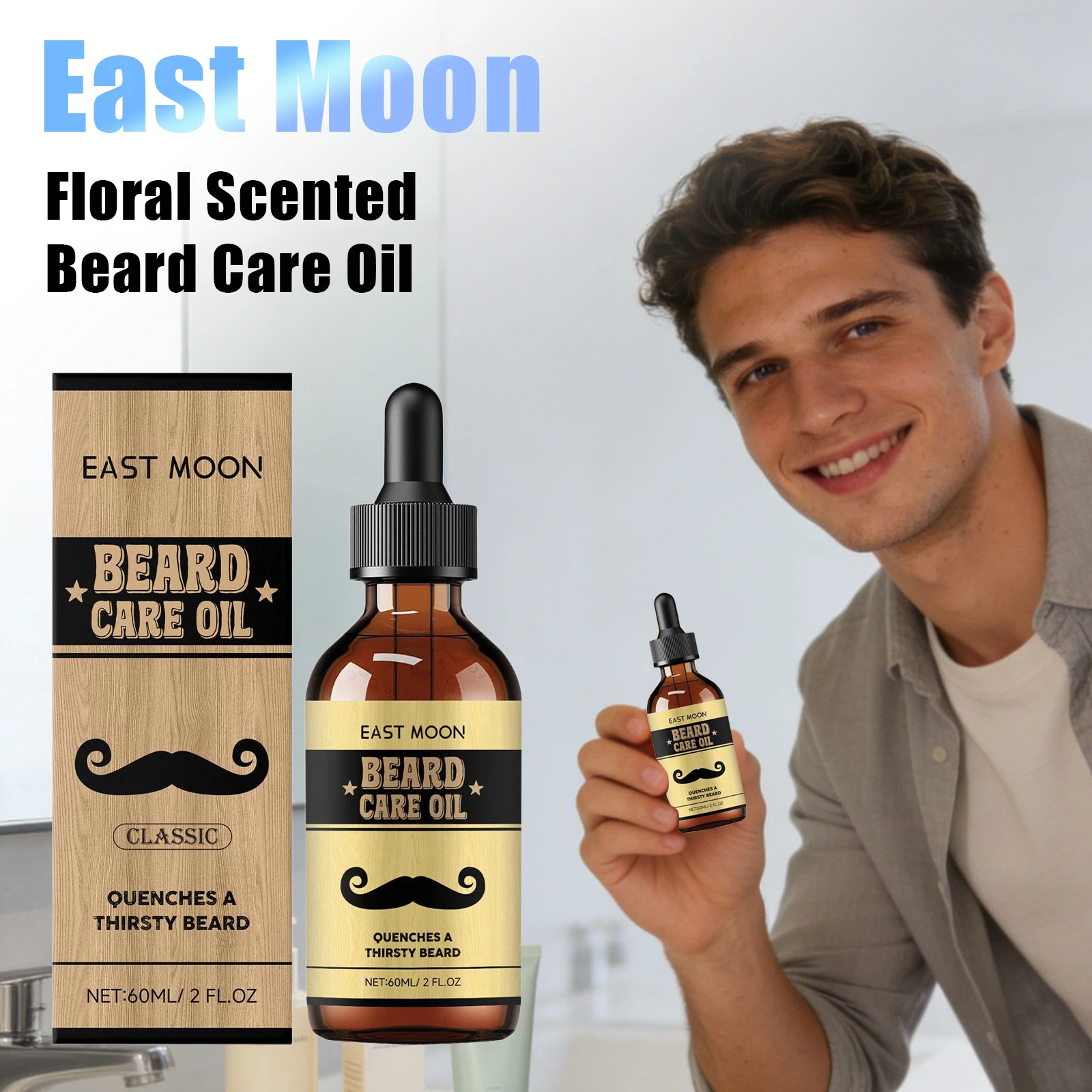 زيت العناية باللحية المعطر بالزهور على شكل قمر الشرق، مغذي ودائم، رعاية يومية، منعش ومهدئ للبشرة، زيوت اللحية ذات العطر الطبيعي