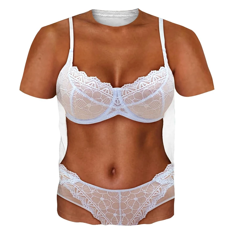 Hot Sexy Bikini Print T-Shirt For Men And Women Novelty Fake Muscle Funny T Shirts Hip Hop Street Personality 2025 Summer Tee