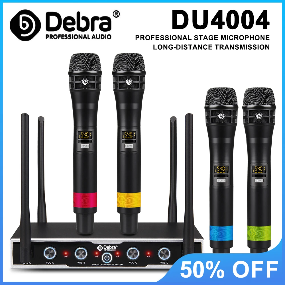 ميكروفون مؤتمرات لاسلكي Debra DU4004 UHF، UHF 4 قنوات، لافالير، سماعة رأس، ميكروفون محمول، للتدريس والكنيسة