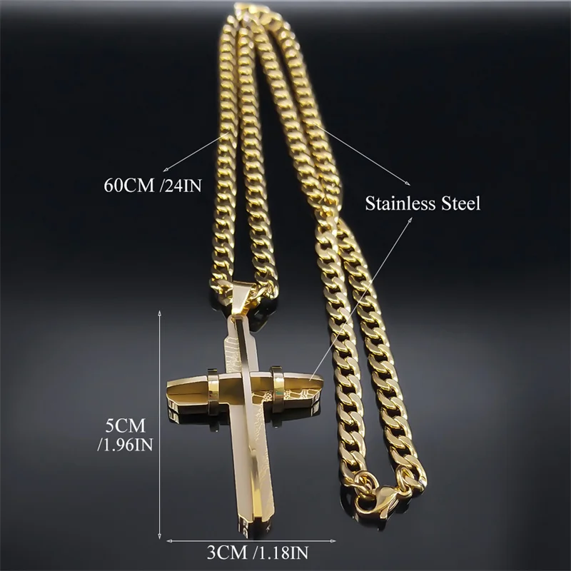 Men\'s Cross Male Crucifix Long Necklace for Women Stainless Steel Gold Plated Christian Long Necklaces Biker Jewelry N2341S03