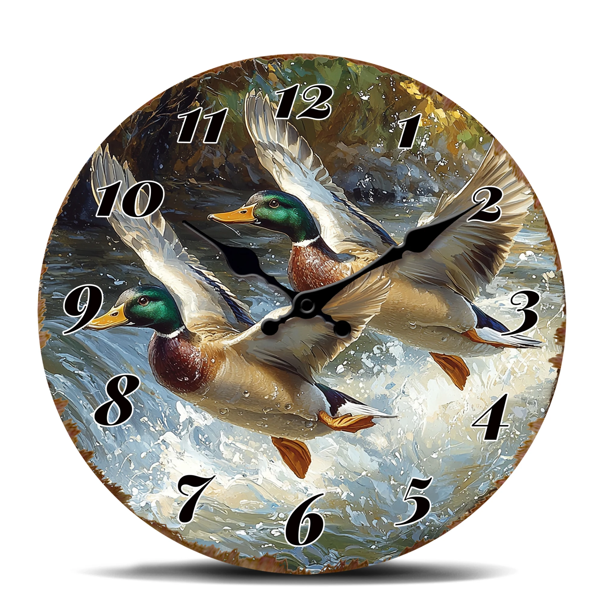 Mallard Ducks Flying Over Water Wall Clock - Wildlife Scene 2D Printed Decor - Silent Non-Ticking Nature Round Clock