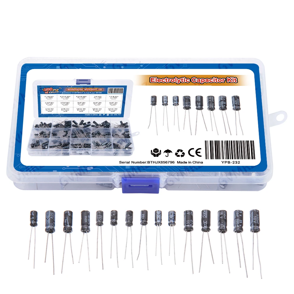 15Values 0.47UF 2.2UF 3.3UF 4.7UF 200PCS Electrolytic Capacitor Organization Storage 0.1-220uF Capacitors Assortment Box Kit