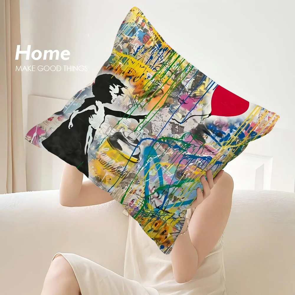 B-BanksyS Street Graffiti Art Pillow Case Sofa Decorative Home Double-sided Print Plush Square Throw Pillow Covers Cushion Decor