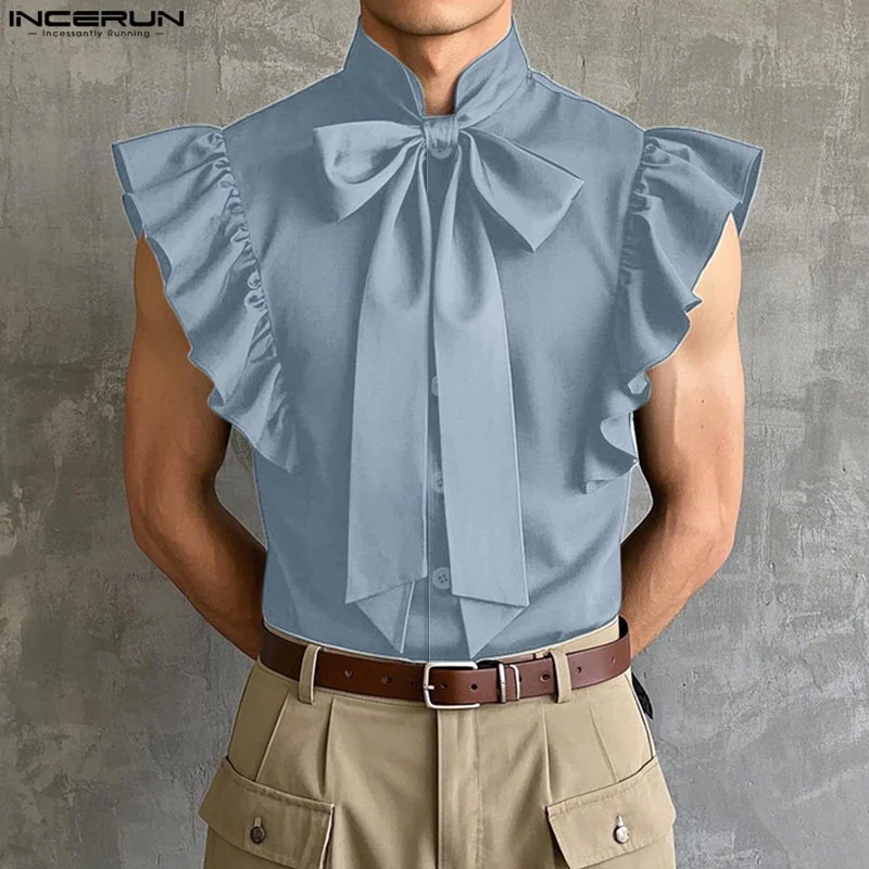 

2025 Fashion Men Shirt Solid Color Stand Collar Sleeveless Ruffle Lace Up Tops Unisex Shirts Streetwear Men Clothing INCERUN
