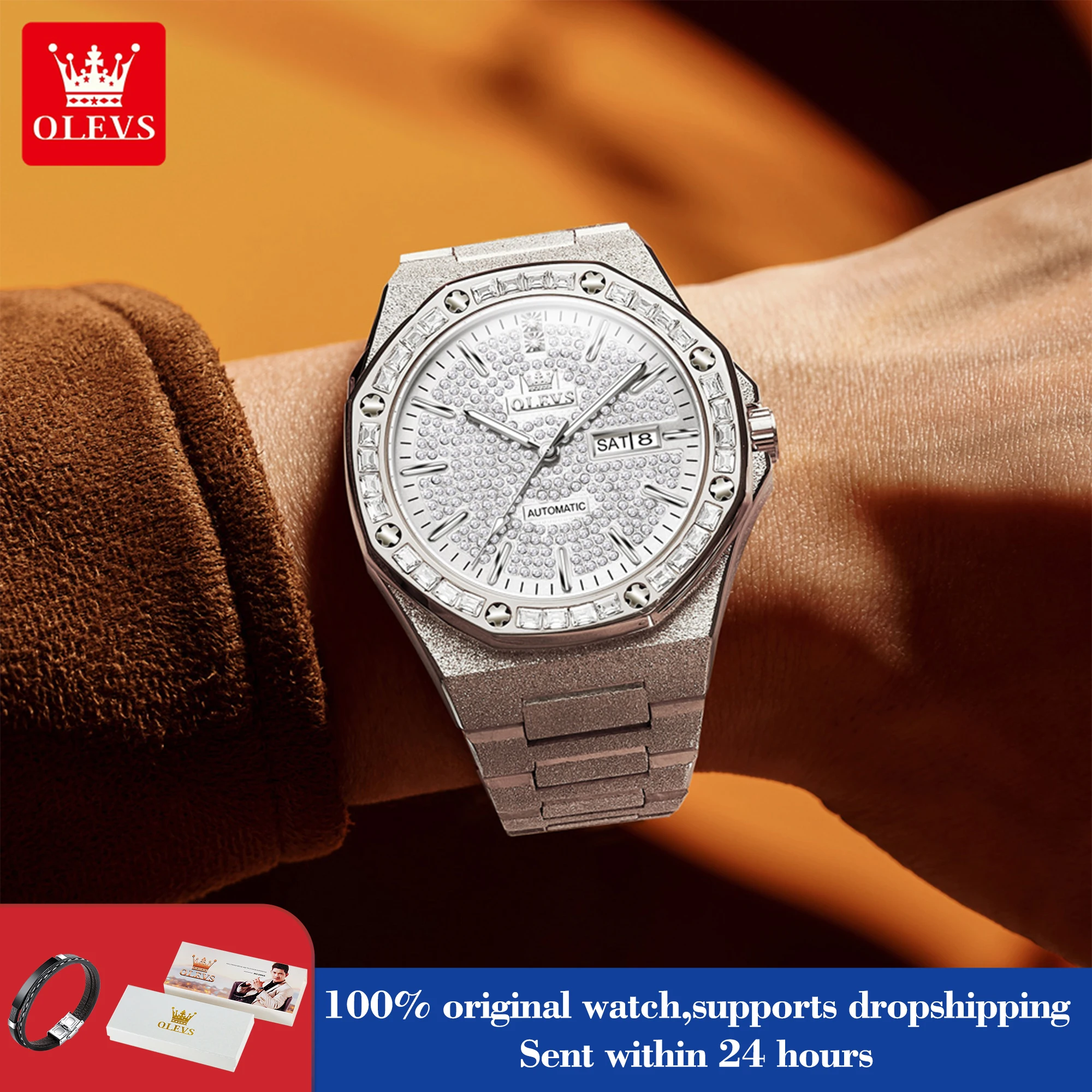 

OLEVS 9803 Men Automatic Watch 44mm Big Dial Dual Calendar Mechanical Man Hand Clock Diamond Fashioin Waterproof Watch For Men