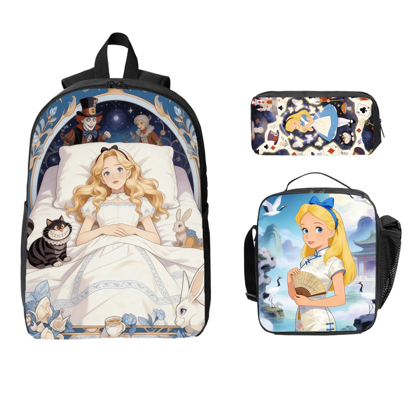Mochila Disney Alice de 3 piezas, estuche para lápices, bolsa de almuerzo, bolso de hombro informal lindo de alta calidad para uso diario