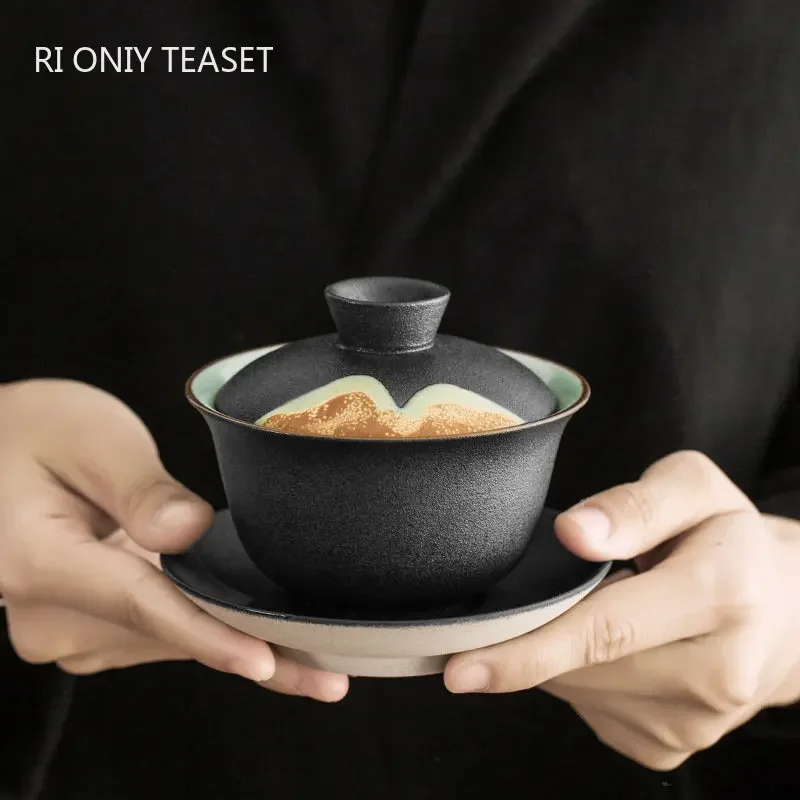 Chinese Retro Ceramic Tea Tureen Teacup Travel Portable Gaiwan Handmade Pottery Tea Bowl with Saucer Tradition Tea Set Teaware
