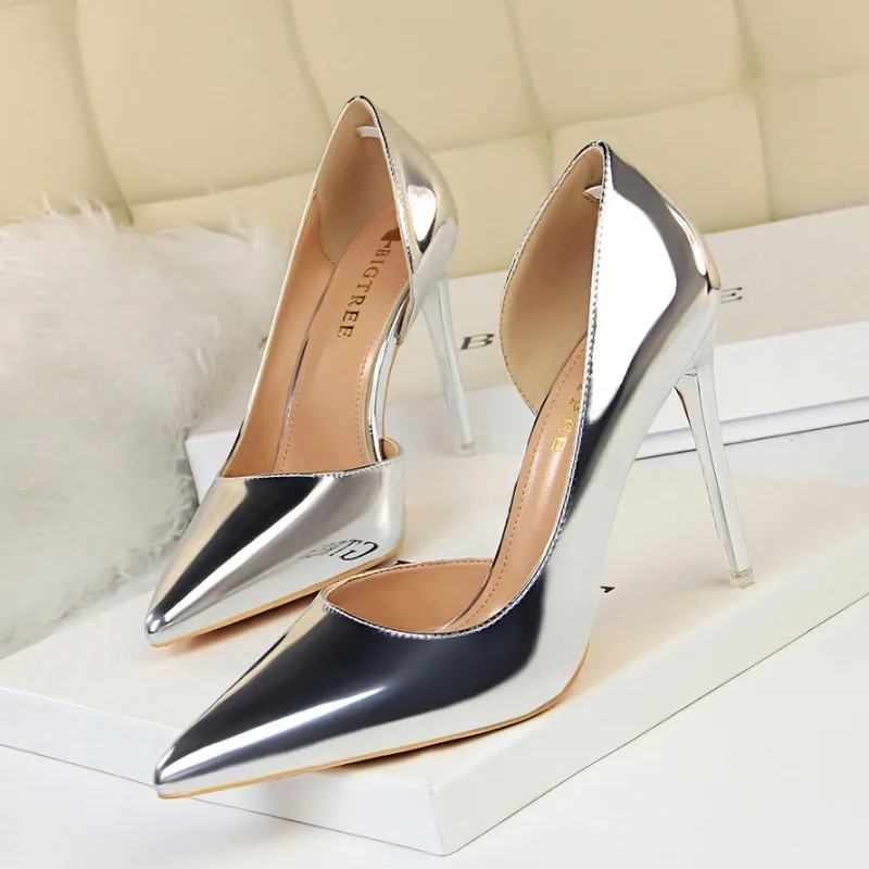 European-American style stiletto metal high heels, simple shallow pointed toe side cutout sexy flats