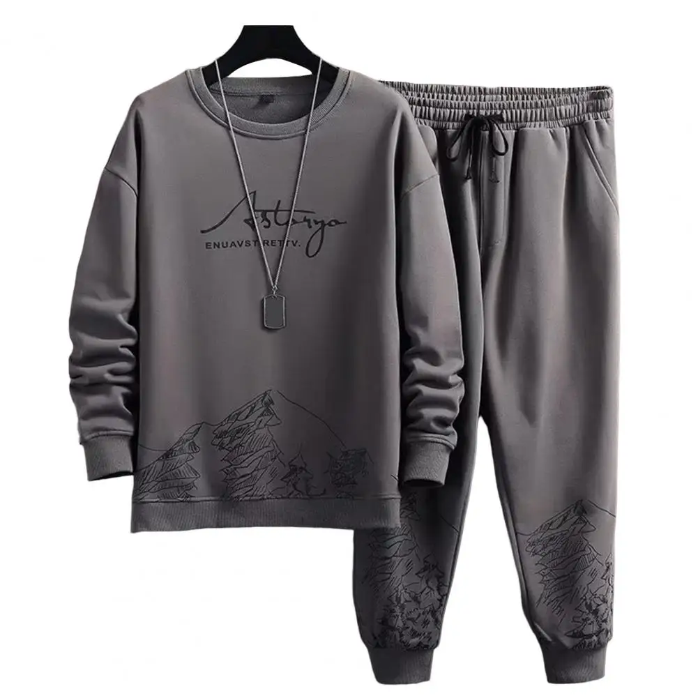 1 Set Men Tracksuit Plush Skin-touch Keep Warm Ribbed Cuff Sweatshirt Lace-up Sweatpants   Men Sweatsuit Set  Men Clothing