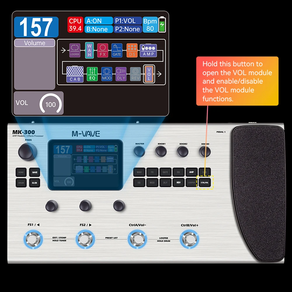 M-VAVE MK-300 Pedal procesador multiefecto para guitarra 150s Looper 100 CAB ANN modelado Neural 120AMP 128 tambor MIDI DAW 11 módulos FX