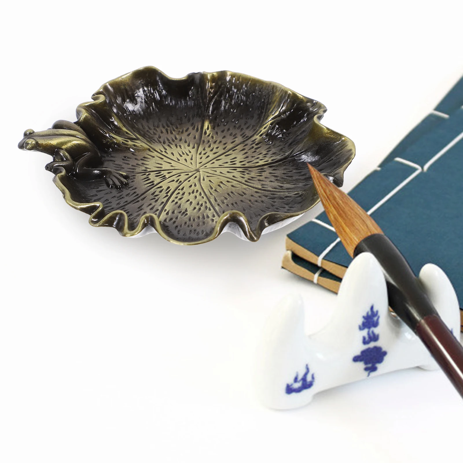 Exquisite Copper Ink Dish Plate with Lotus-Leaf Frogs Design Stylish Water Ink Container for Calligraphy Supply Home Decoration