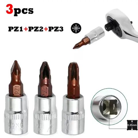3pcs Pozidriv screwdriver 1/4-inch Drive Bit Socket PZ1 PZ2 PZ3 Bit Socket Standard Metric S2 Steel Bits