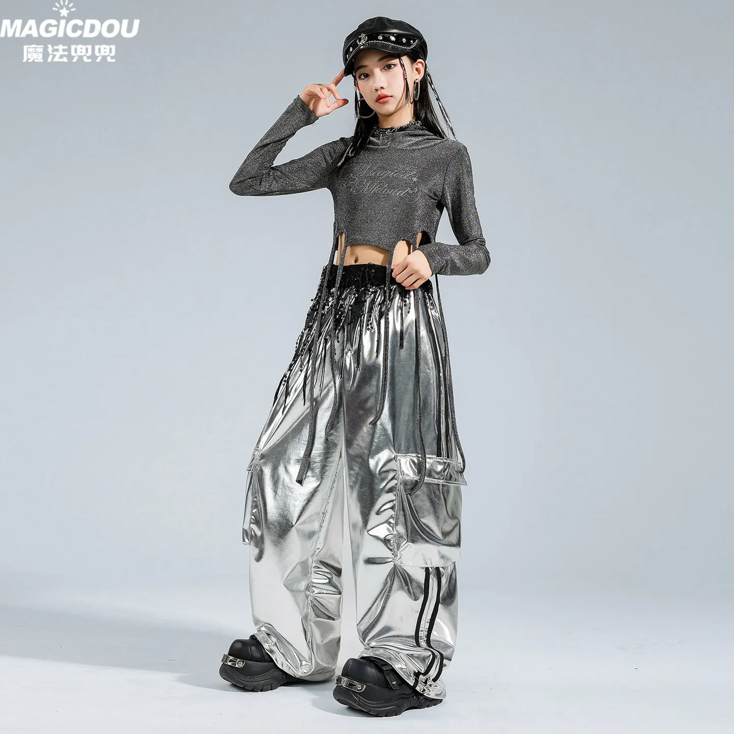 Hip Hop Girl Sequins Shiny Hoodie Crop Tops Kids K-pop Graffiti Cargo Pant Jazz Clothes Sets Child Girl Group Streetwear Costume
