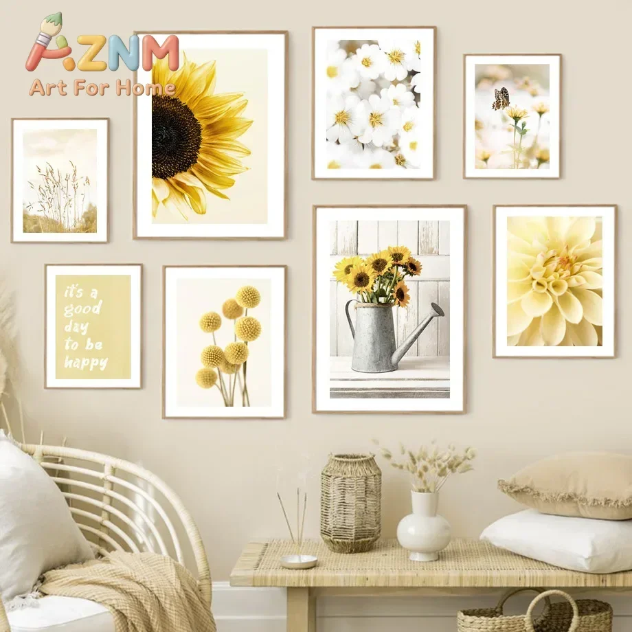 Yellow Dahlia Sunflower Orchid Butterfly Beige Wall  Canvas Painting Nordic Posters And Prints Pictures For Living Room Decor