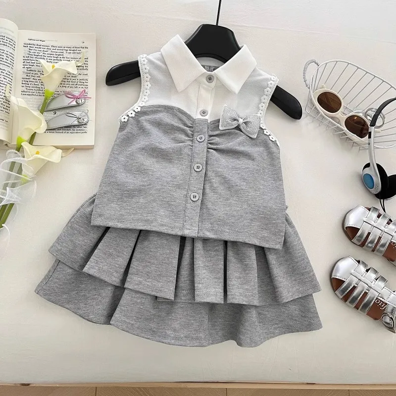 Girls Summer College Style Jk Suit 2025 New Foreign Style Children's Fake Two-piece Shirt Short-sleeved Girls Skirt