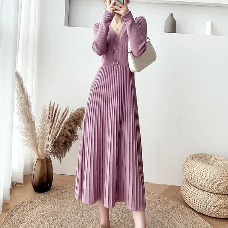 

Long Pink Knitted Dress Women Evening Robe Korean Fashion Sweater Dress Female Knit Brown V Neck Trendy Outfits Sale Chic Y2k