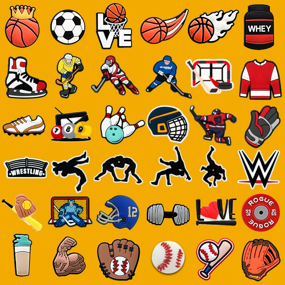 36/50pcs PVC Sports Series Shoe Charms Basketball Football Hockey Wrestling Shoe Pins Buckle Accessories Women Men Shoe Decor