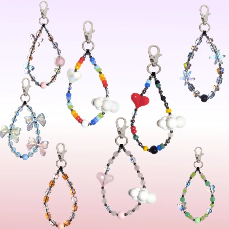 Bead Red Heart Keychain Y2K Cloud Colored Beads Key Chain Bag Phone Handmade Pendant For Women Girls Gift Korea Accessories