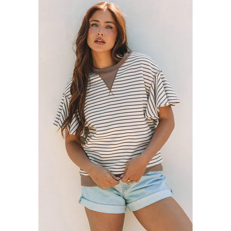 

Весна-лето, новый топ с круглым вырезом и короткими рукавами, женская модная тенденция, свободная рубашка в полоску с принтом, женская рубашка