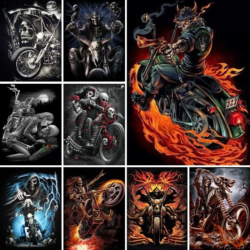 

Full Drill Biker Art Grim Reaper Skull Diamond Painting Motorcycle Cross Stitch Embroidery Wall Decor Mosaic Paint with Diamonds