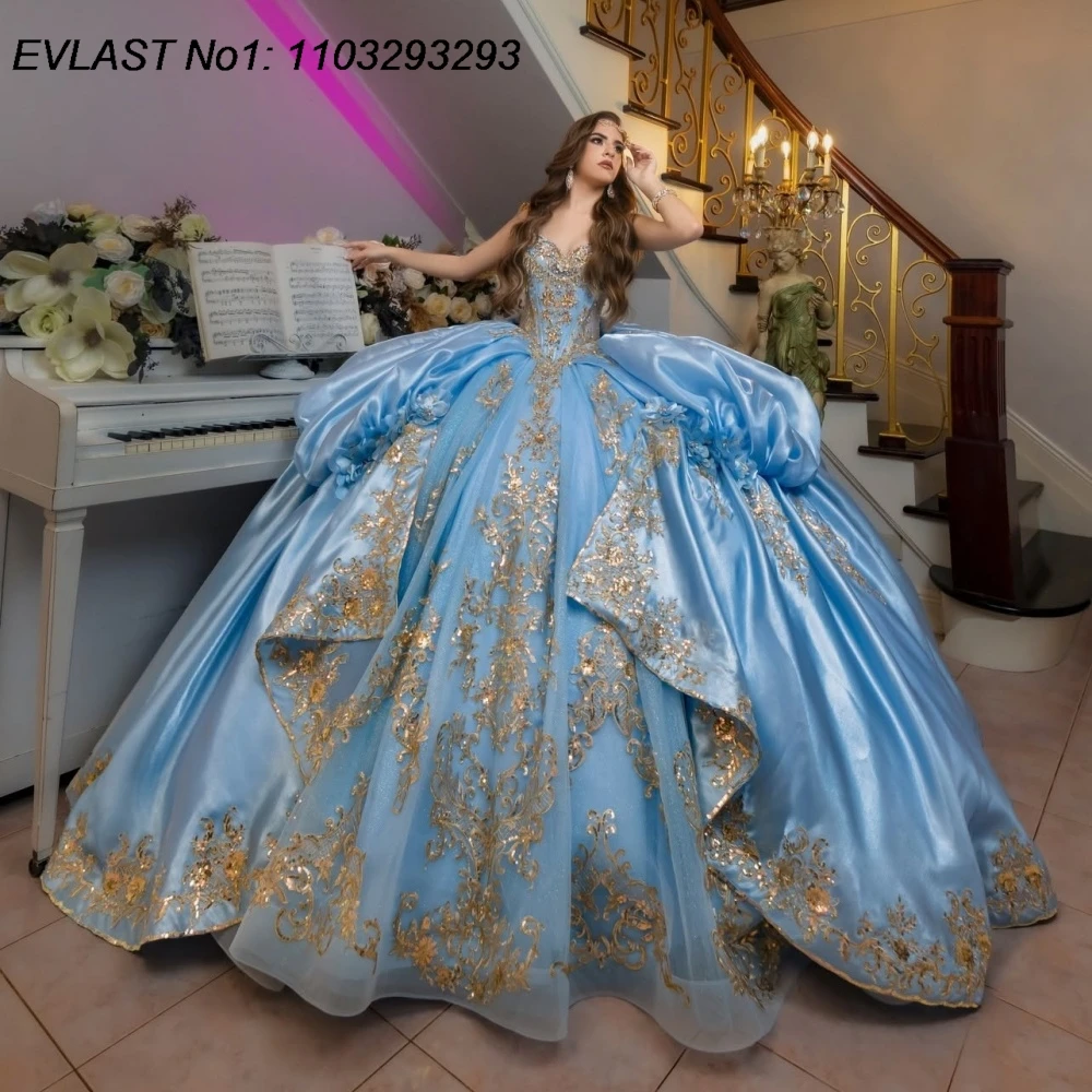 EVLAST Customized Luxury Sky Blue Quinceanera Dress Ball Gown Crystals Gold Lace Applique Sweet 16 Vestidos De 15 Anos AQ850