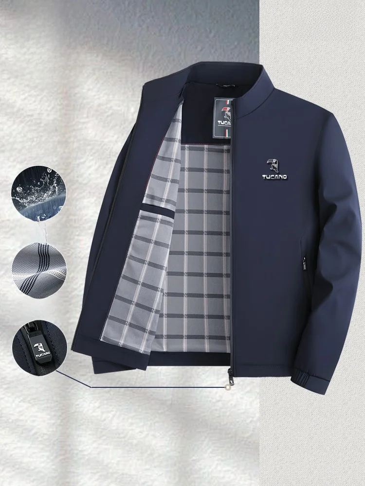 

Весенне-осенняя повседневная куртка с воротником-стойкой для мужчин среднего возраста, с принтом логотипа Woodpecker, приталенного кроя, из полиэстера