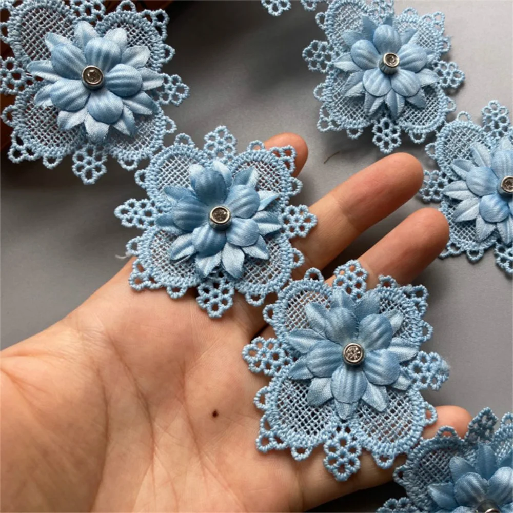 1 yard Blue Pearl Beaded Embroidered Flower Lace Trim Floral Applique Patches Fabric Sewing Craft Vintage Wedding Dress New