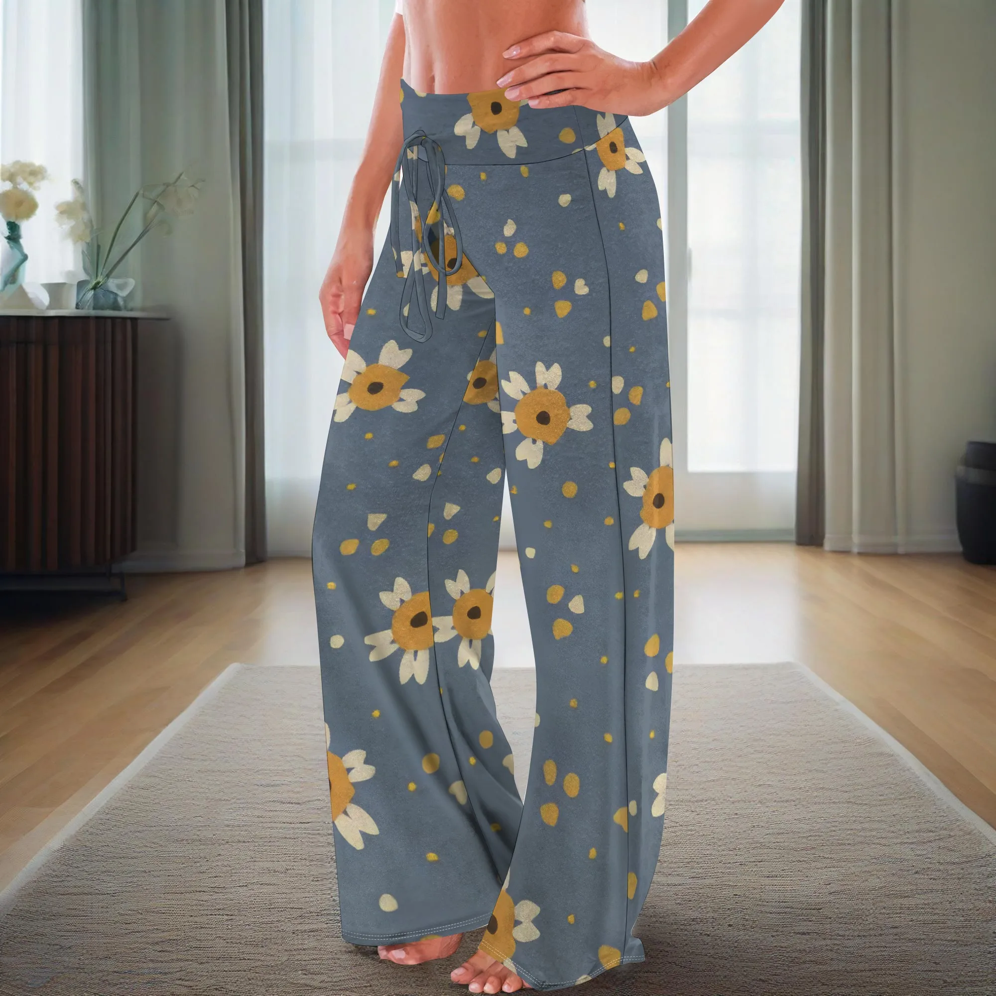 بنطال نسائي مريح قابل للتمدد وطبعة زهور برباط بالازو بأرجل واسعة