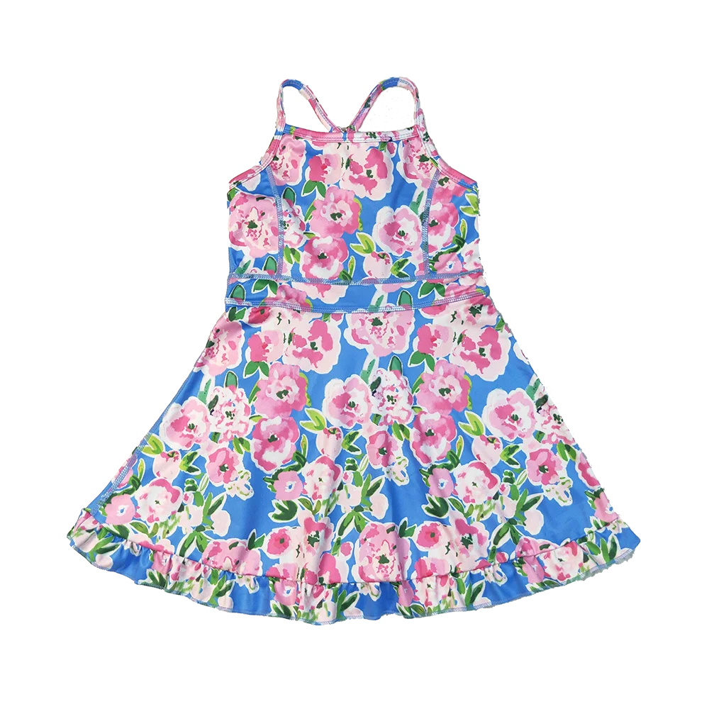 

Baby Girls Summer Dress Baby Girls Blue Strap Colorful Floral Yoga Ruffle Knee Length Dresses