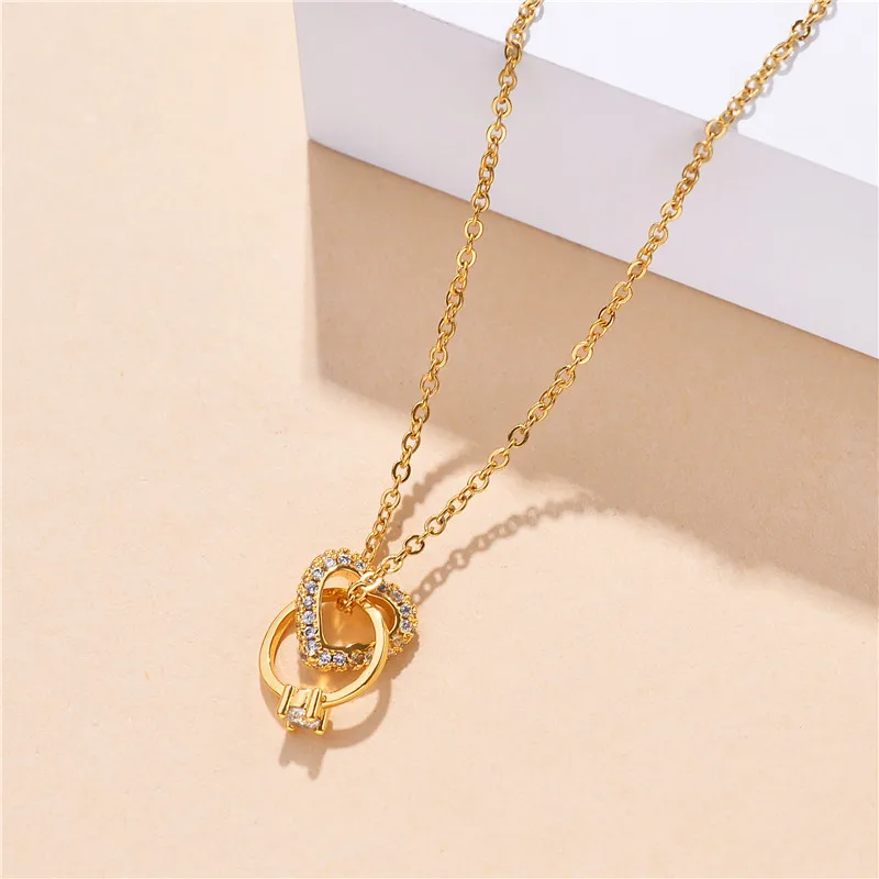 Fashion Personality Love Peach Heart Double Ring Necklace Ladies Korean Trendy Confession Ring Clavicle Chain Pendant Gift