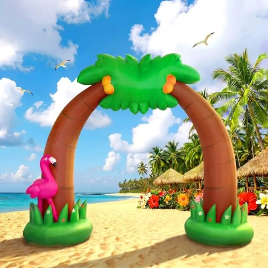 

Outdoor luau decoration: 9 ft inflatable palm tree arch in tropical green with LED flamingo lights, weather-resistant PVC mater