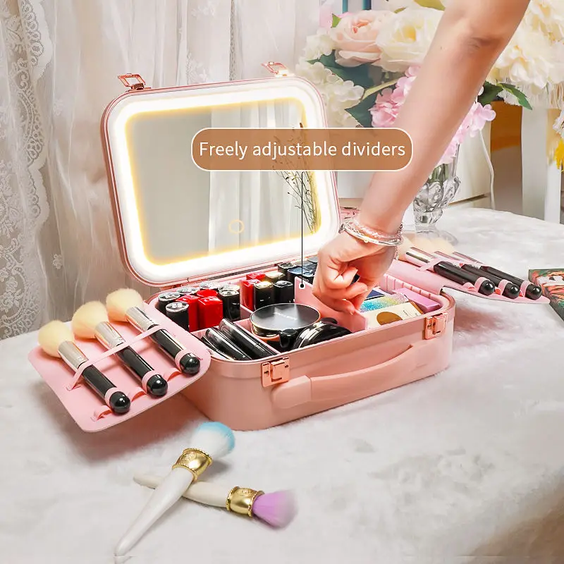 Portable Aluminum Travel Makeup Box Cosmetic Storage Case with LED Mirror & Detachable Partition for Cosmetics Makeup Brushes