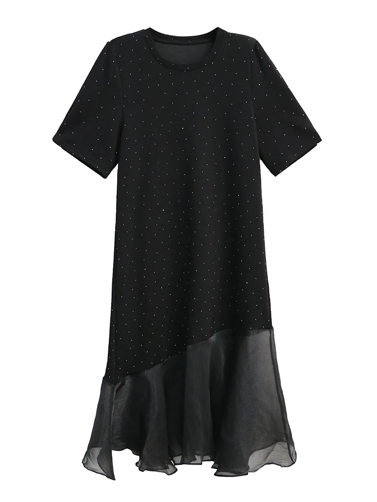 Niche élégante robe noire diamant chaud femmes 2025 été nouvelle mode ample à volants bord longue robe à manches courtes t-shirt robes