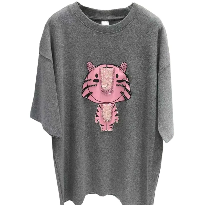 Summer Sweet Women T Shirt New High Quality Brushed Loose Female Tees Harajuku Print Sequin Beaded Pink Pussy Grey Girl Tops