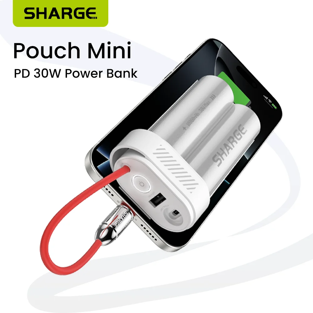 

SHARGE Pouch Mini Power Bank 10000mAh 30W Portable Charger with Built-in Type C Cable USB-C and USB-A Port Battery Pack
