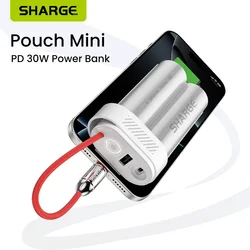 SHARGE Pouch Mini Power Bank 10000mAh 30W Portable Charger with Built-in Type C Cable USB-C and USB-A Port Battery Pack