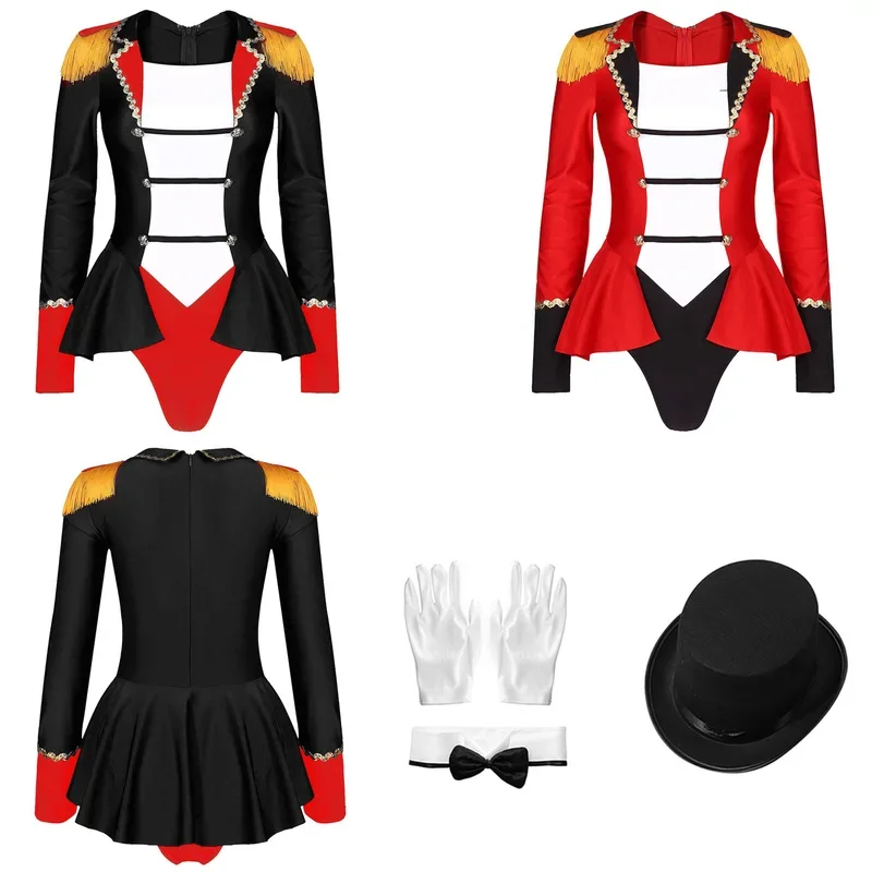 RT01 Damen Circus Ringmaster Halloween-Kostüm-Set, langärmelig, Revers, Fransen, Schulter-Body mit Hut, Schleife, Kragen, Handschuhe für & Gf1