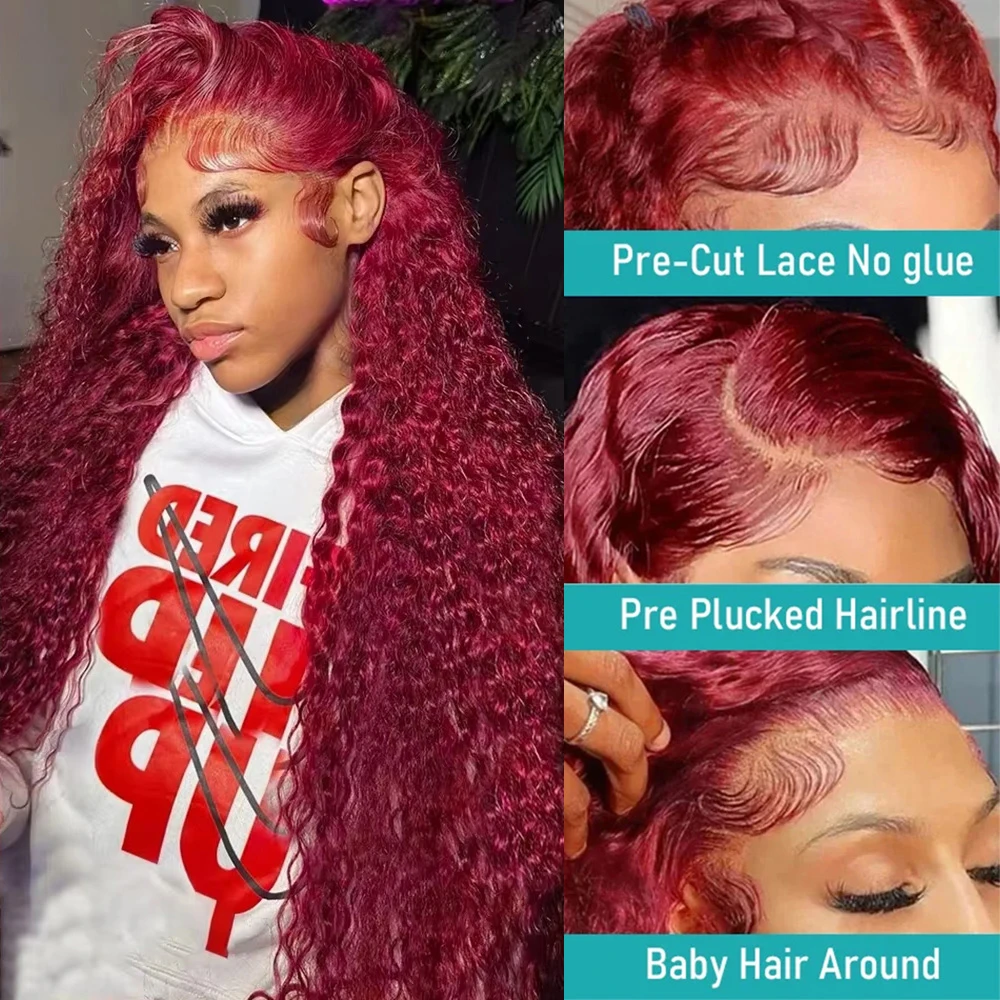 13x6 profunda hd peruca frontal do laço transparente 13x4 99j borgonha encaracolado perucas dianteiras do laço vermelho colorido onda profunda 100% perucas de cabelo humano