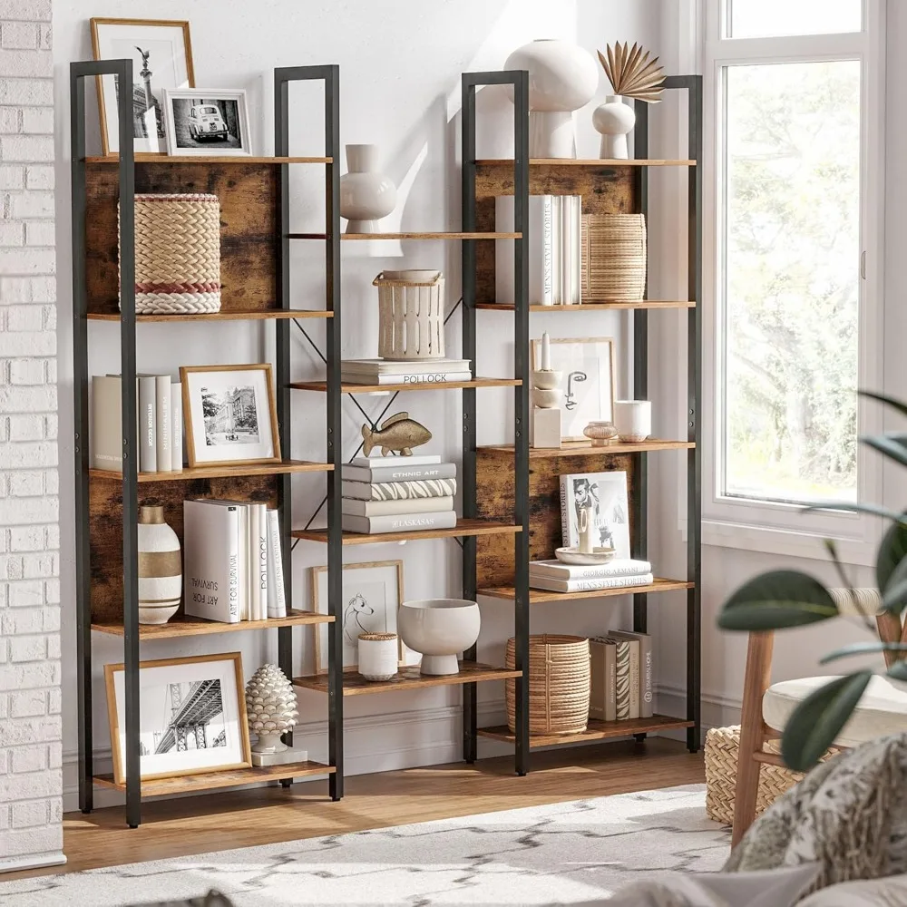 5-Tier Industrial Bookshelf with 14 Shelves, Metal Frame Storage Unit for Living Room & Office, Rustic Brown