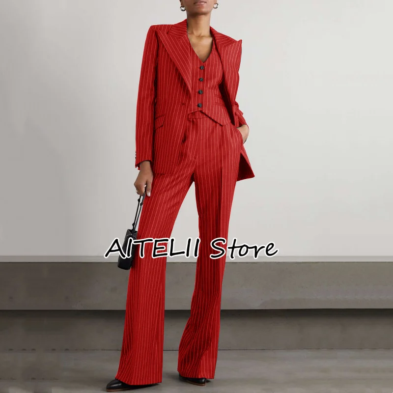 Women\'s Three-piece Suit Fashion Stripe Slim Fit Lapel (Jacket + Vest + Trousers) Collar Single-breasted for Business Casual Top