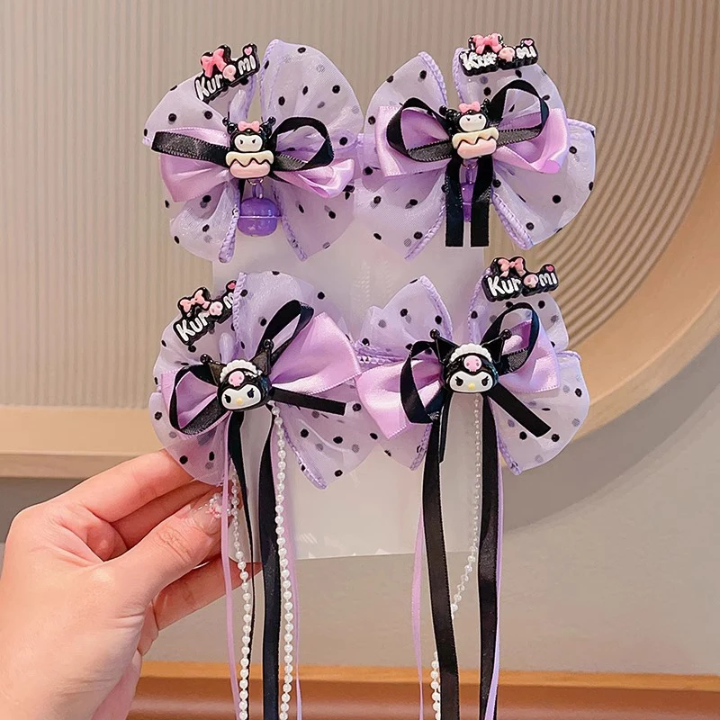 Sanrio Kuromi New Hair Clip Set Cute Cartoon Hair Accessories Kawaii Bowknot Long Ribbon Bangs Hairpin Fashion Girl Gift