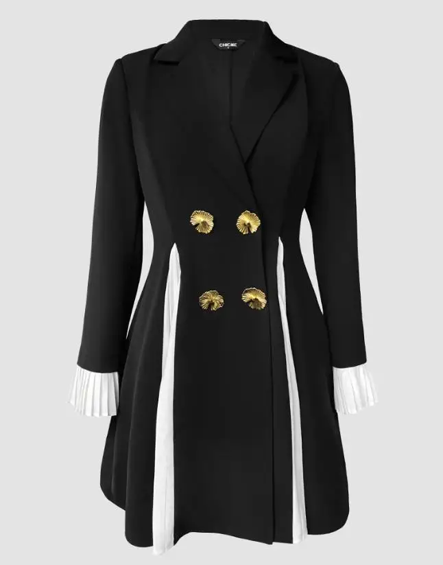 Colorblock – robe Blazer plissée à col cranté, manchette évasée, Double boutonnage, élégante, taille cintrée, ourlet évasé, pour les déplacements