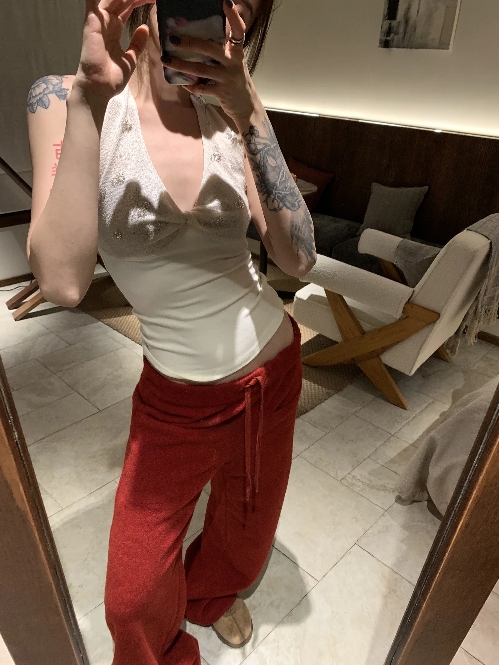 

Tee Goood Bury Red Soft Fce Dstring Wide Leg Casual Pants Straight Cut Loose Fit Comfortable Polyester Fiber