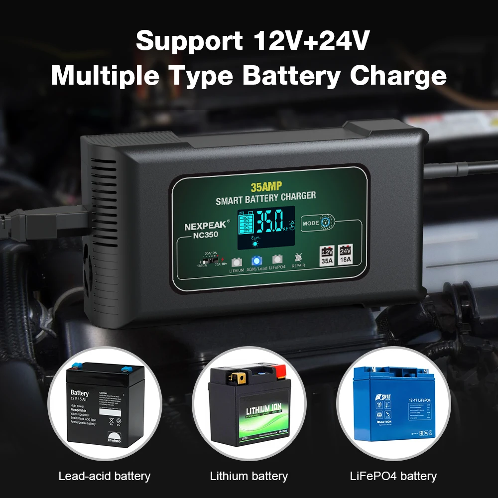 12V 35A - 24V 18A Car Truck Battery Charger Automatic Digital Screen Pulse Repair Battery Maintainer Lithium Lead Acid AGM GEL